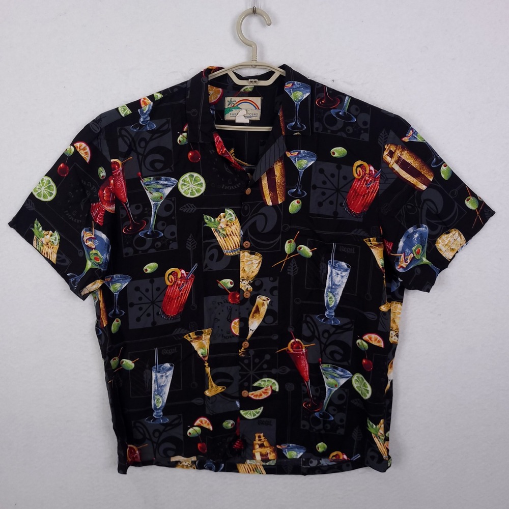 Paradise Found Button Down Shirt  Mens L Black Cocktail Martini Tiki Hawaiian